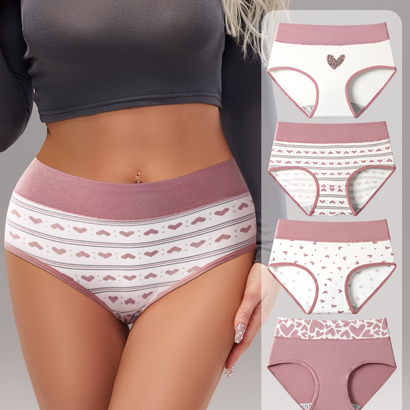 4pcs Women'S Briefs with Heart Print - High Waist, Soft & Breathable, Elastic Waistband, Comfortable Underwear for Autumn and Winter, Autumn Underwear | Heart Print Briefs | Comfortable Fit