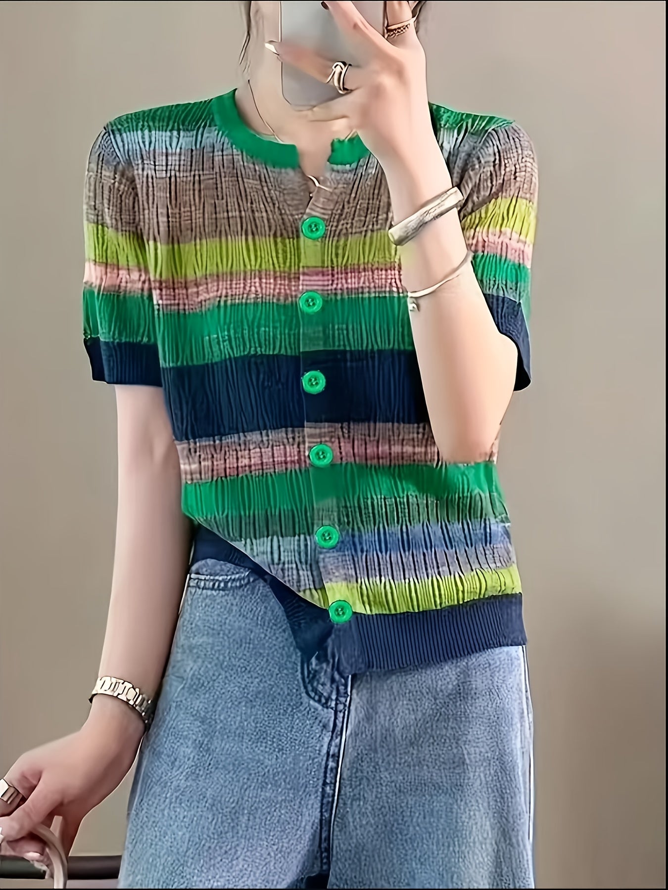 Women's Elegant Rainbow Striped Short Sleeve Cardigan - Breathable Top with Color-Blocking Design, Machine Washable Spring Casual Shirt for Layering, Seasonal Fashion, Colorblock Pattern, Quality Stitching, Buttonup Sweater, Fashion Lovers