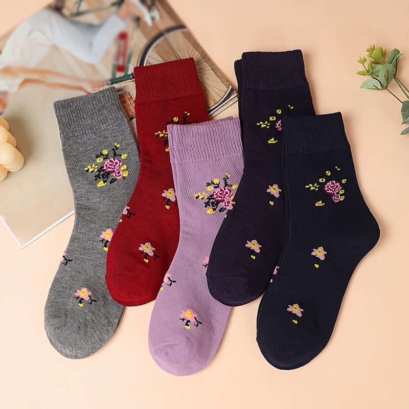 5 Pairs Floral Pattern Crew Socks, Warm Thick All-match Mid Tube Socks For Fall & Winter, Women's Stockings & Hosiery