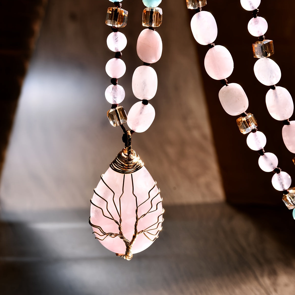 A Long Necklace Made of Natural Pink Crystal with a Teardrop Pendant, Featuring a Bohemian Vintage Style, Perfect for Everyday Wear, Vacations, And As a Gift for Friends Or Loved Ones. It'S a Crystal.