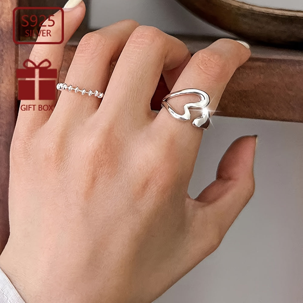 1pc 925 Pure Silvery Adjustable Ring with Hollow Heart Opening Ring Wall Niche Design Jewelry Decoration