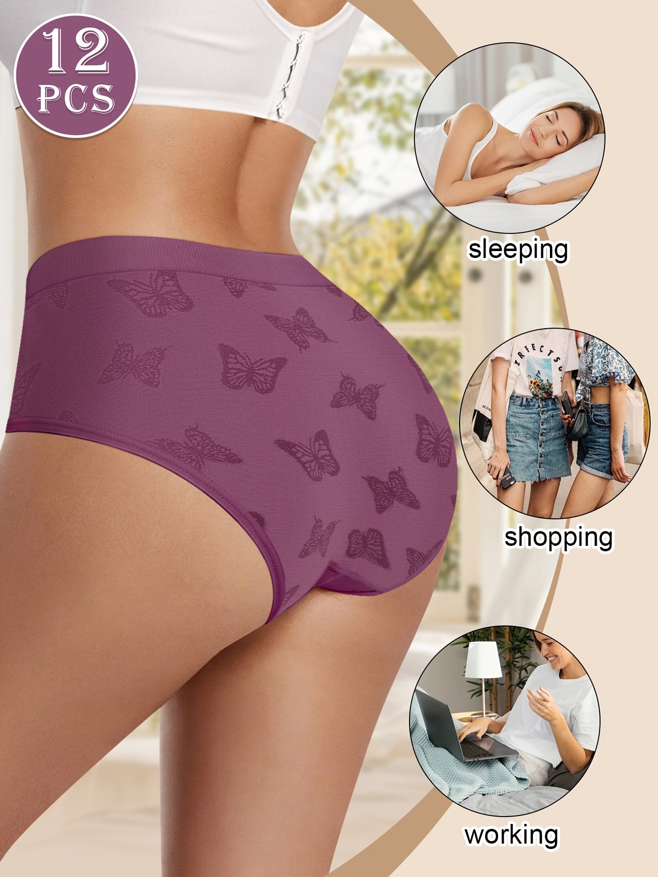 12pcs MEIYATING Women's Low-Rise Bikini Panties - Soft, Seamless, Butterfly Print, Sexy Everyday Underwear in Assorted Colors (Purple, Black, Brown, Beige & More)