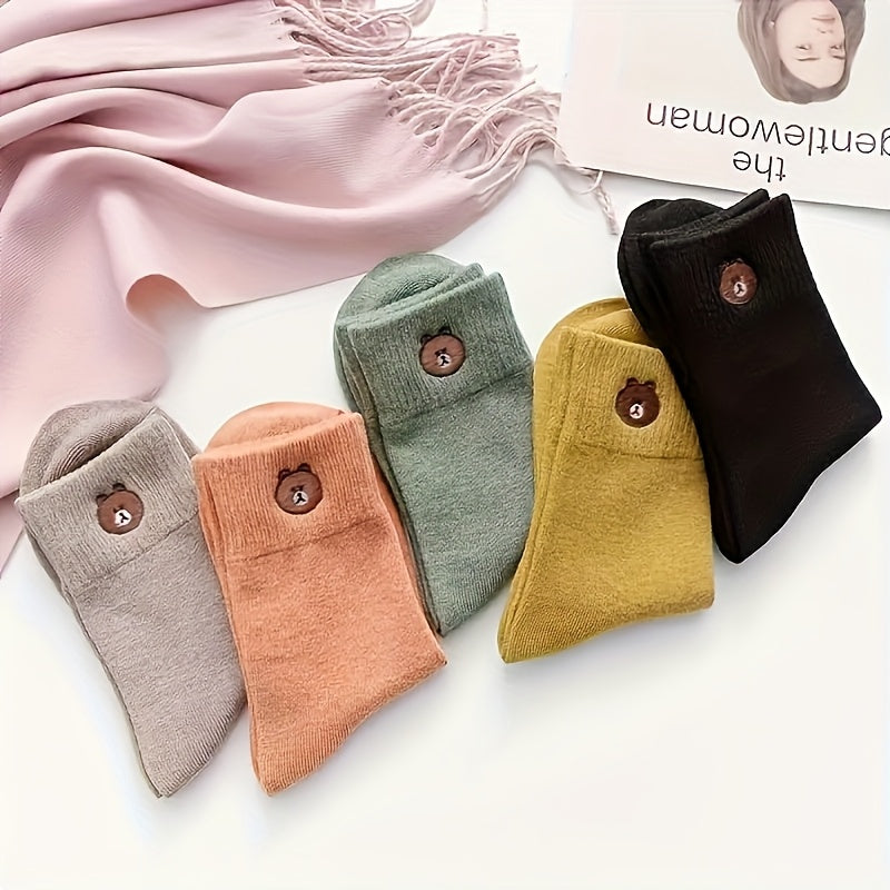 5 Pairs Women's Cute Bear Cartoon Mid-Calf Socks - Breathable Polyester-Spandex Blend, Stretchy & Machine Washable, Assorted Colors (Olive Green, Brown, Beige, Black, Navy) for Casual & Office Wear