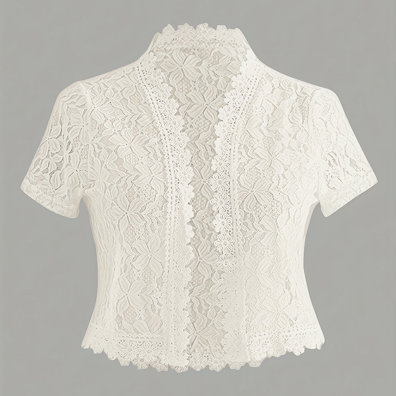 Elegant White Lace Contrast Cardigan - Short Sleeve, Stand Collar, Open Front Jacket for Women | Perfect for Spring\u002FSummer Parties & Casual Wear, Party Wear Cardigan | Lace Detailing | Constructio