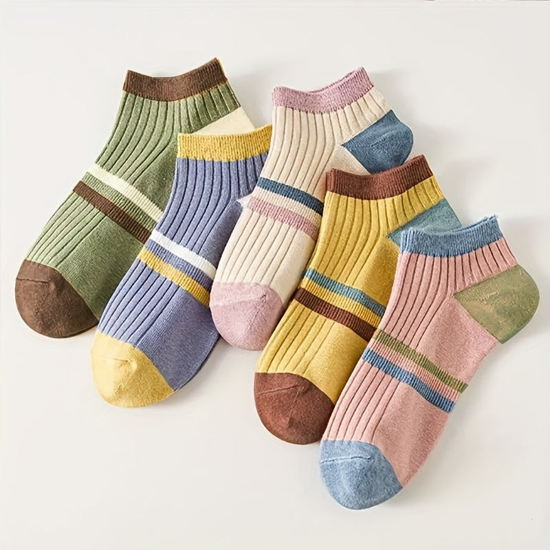 10-Pair Women's Colorful Ankle Socks, Breathable & Sweat-Absorbent, Trendy Striped Design, Casual Short Socks, Stylish & Versatile For Outdoor Wear