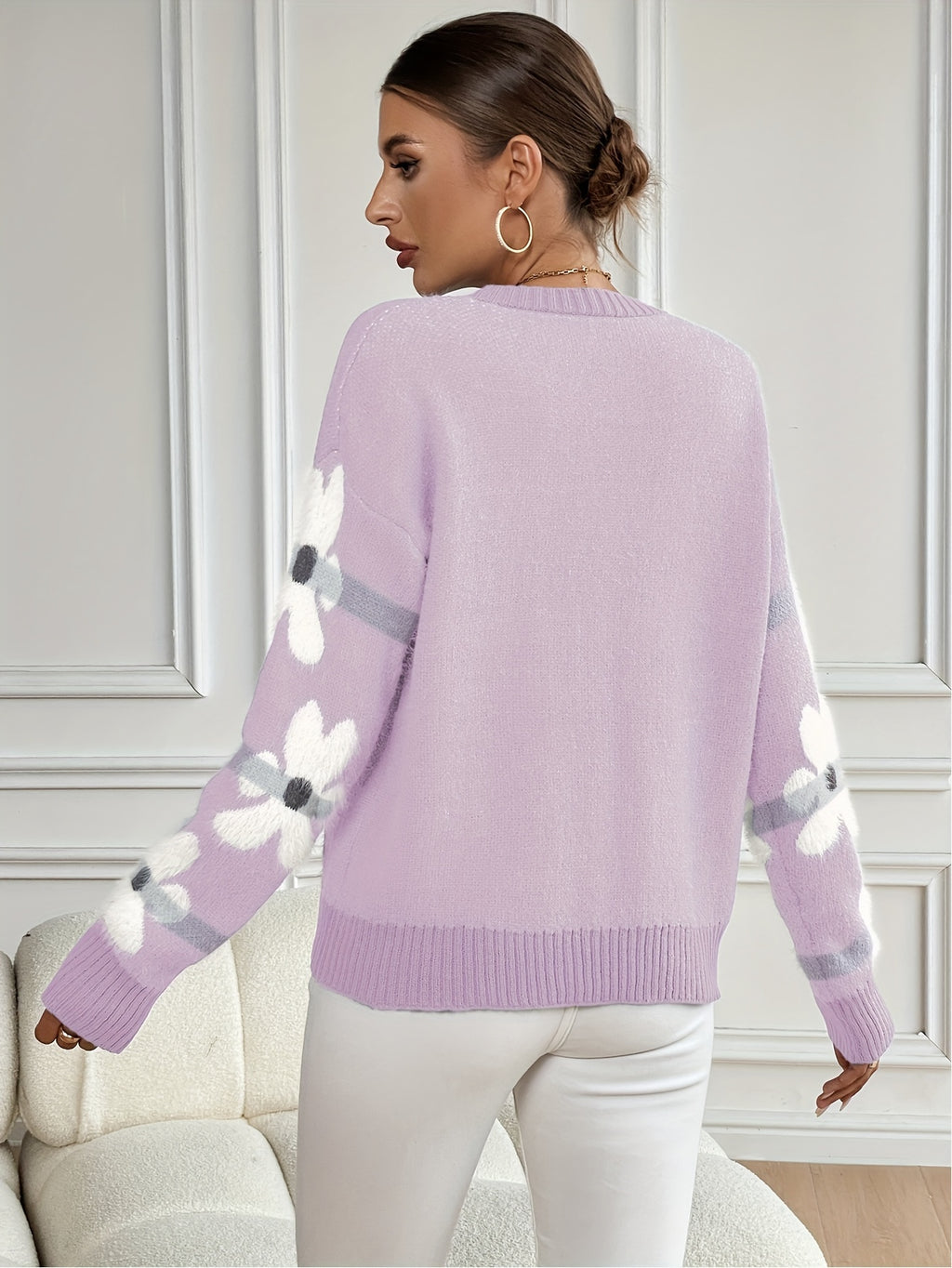 Floral Pattern Round Neck Sweater, Cute Drop Shoulder Long Sleeve Sweater For Fall & Winter, Women's Clothing