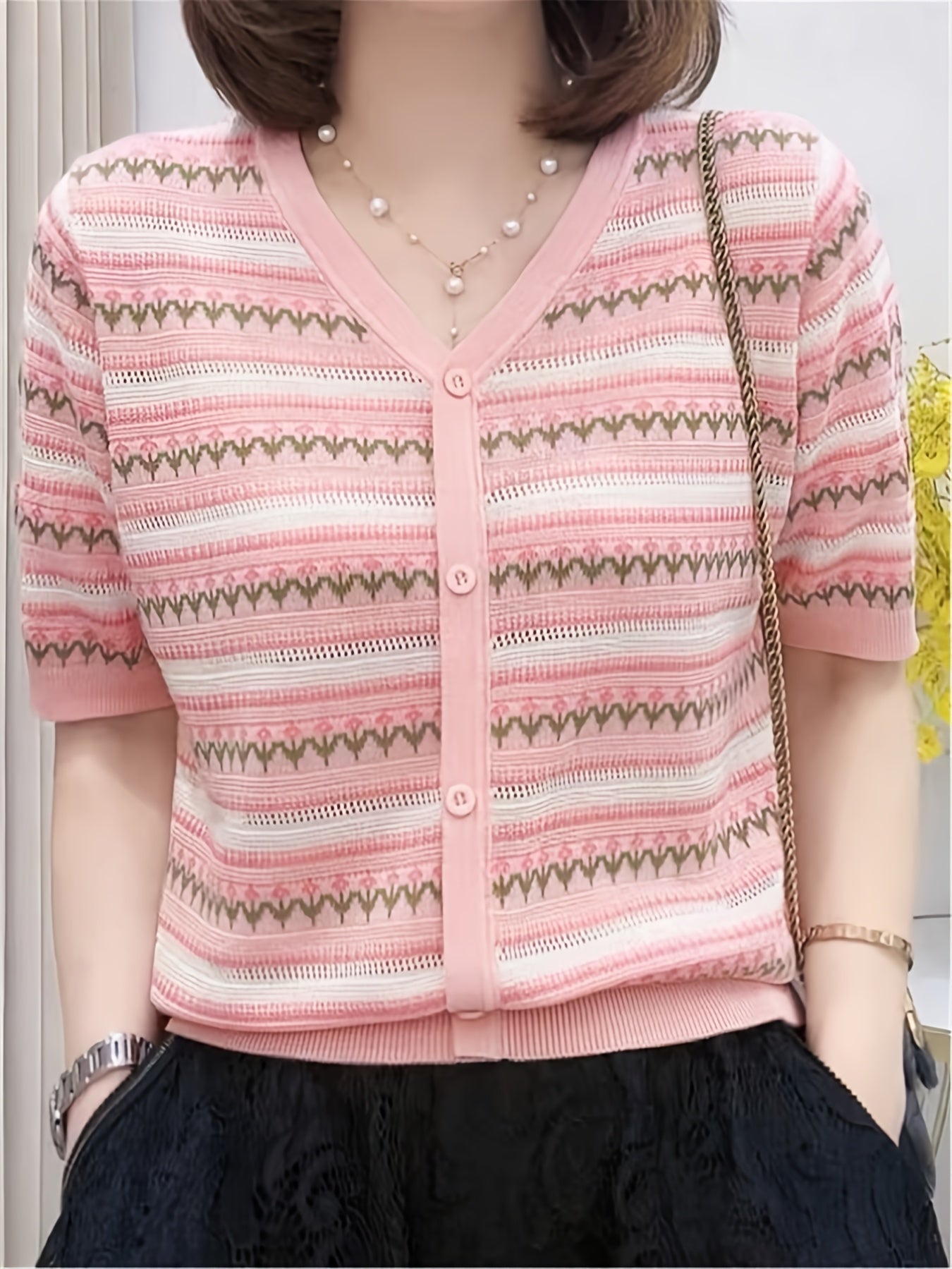 Women'S Pink & White Striped V-Neck Knit Cardigan with Decorative Buttons, Short Sleeve, Asymmetrical Hem, Casual Summer Crochet Top for Spring\u002FSummer, Cute Knit Cardiga