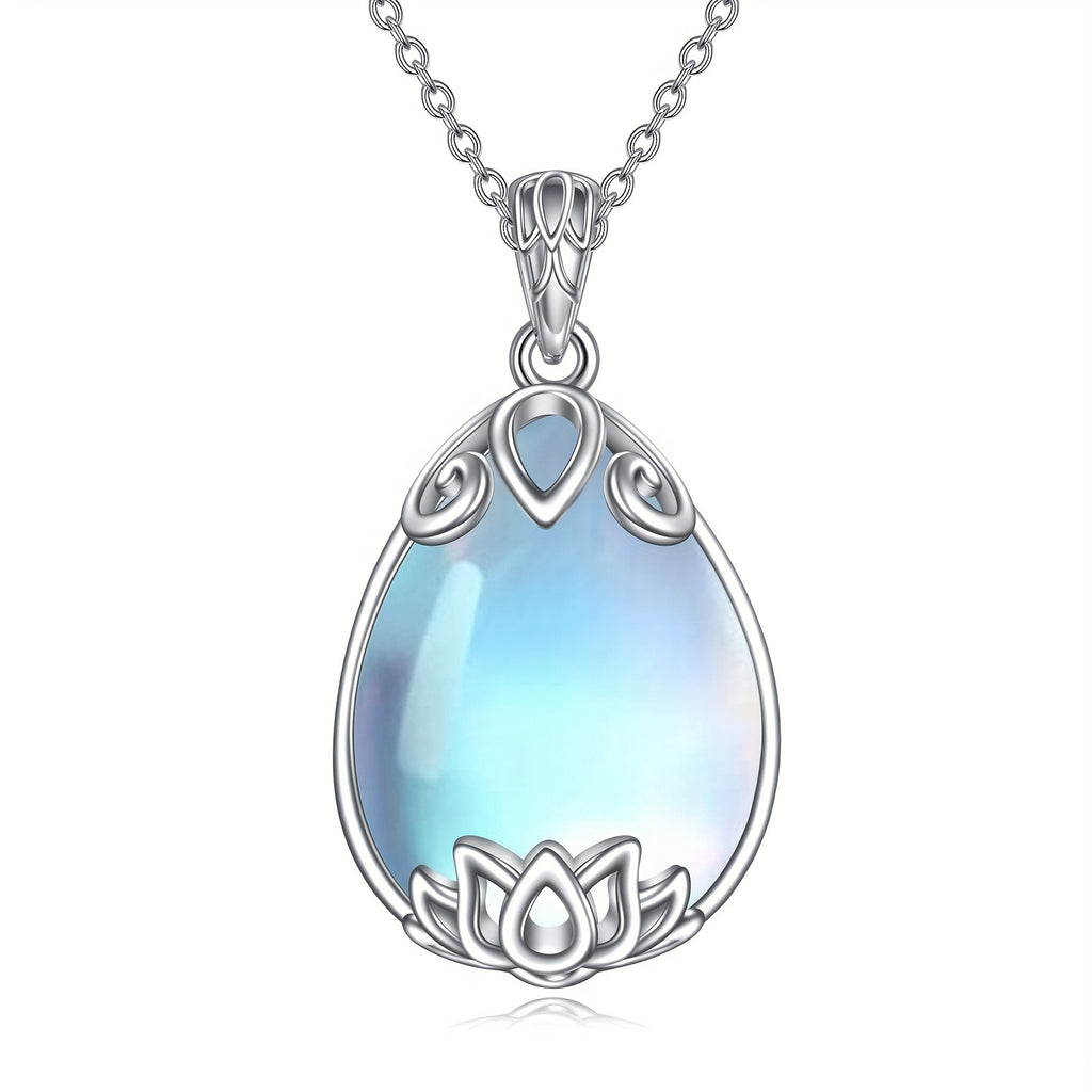 Moonstone Lotus Necklace 925 Sterling Silver Filigree Teardrop Pendant Necklace Jewelry Gift For Women