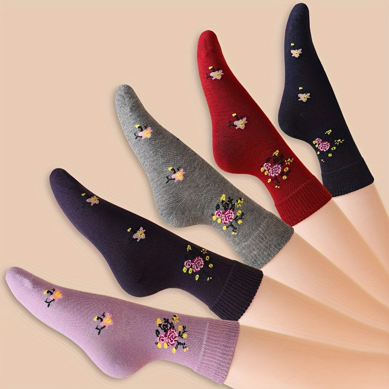 5 Pairs Floral Pattern Crew Socks, Warm Thick All-match Mid Tube Socks For Fall & Winter, Women's Stockings & Hosiery