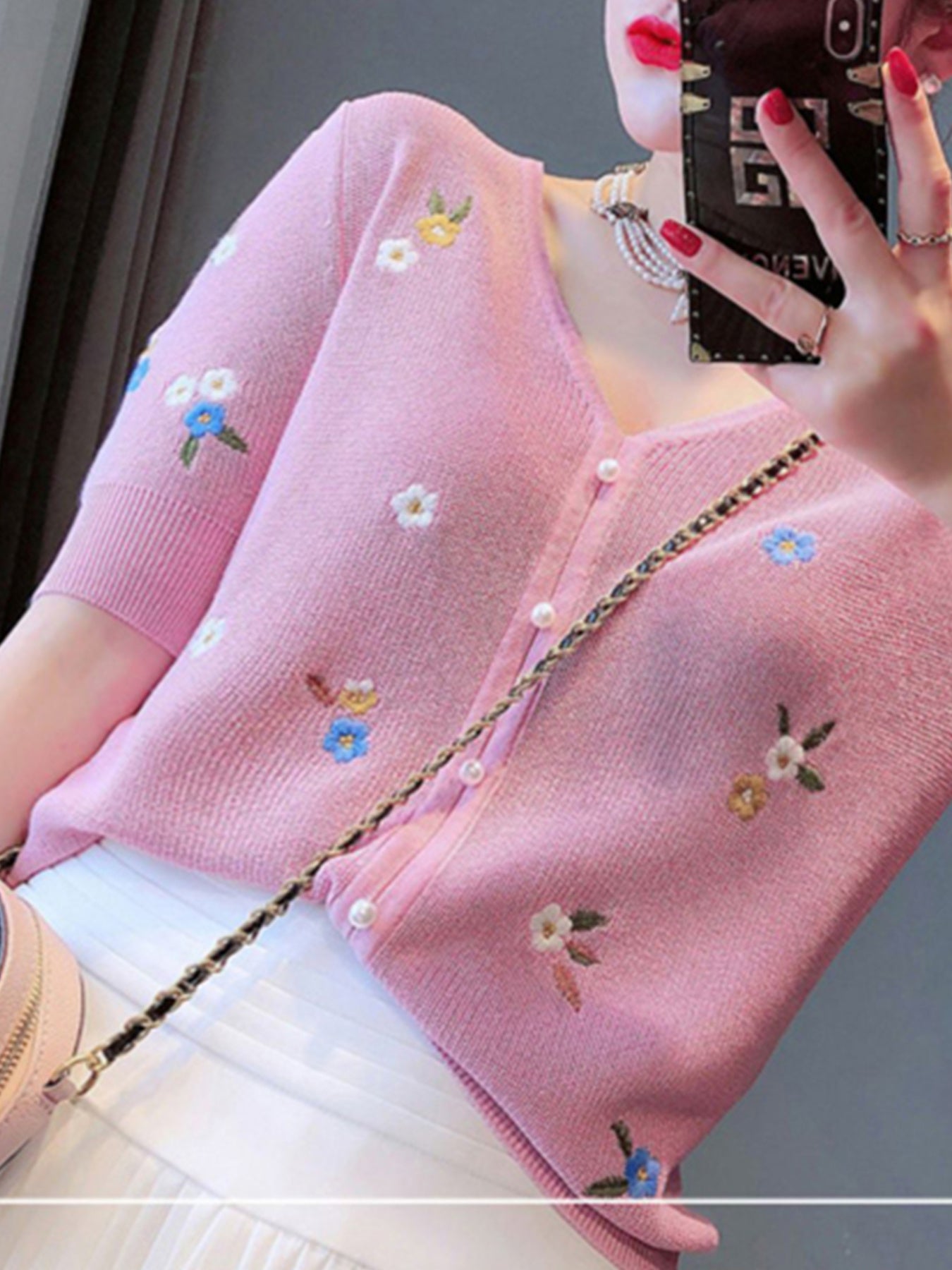 DATY Women's Lightweight V-Neck Short Sleeve Cardigan - Summer Casual Button Front Openwork Design, Soft Pink Sun-Protective Layering Top for Spring\u002FSummer, Short Sleeve Cardigan, Summer Layering Piece, Embroidered Detailing