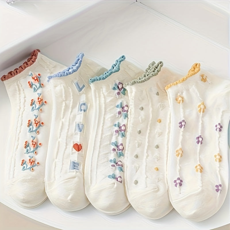 5 Pairs Women'S Floral & Letter Ankle Socks - Breathable, Comfortable Knit Fabric, Ruffled Edge Design, Pastel Colors with Colorful Lettering (Ace, Love, Friendship, Sister, Sisterhood) - Casual Wear, Cute Socks