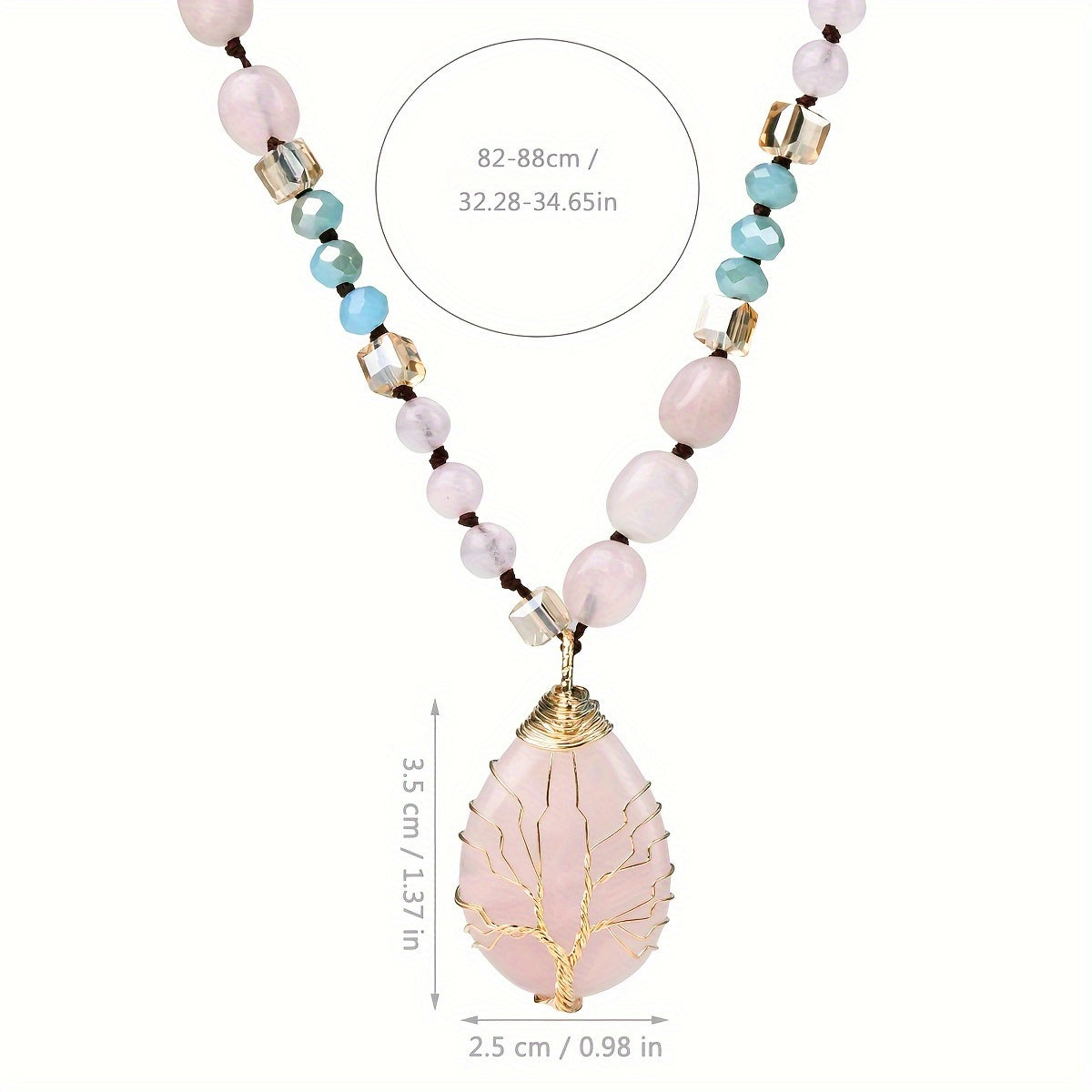 A Long Necklace Made of Natural Pink Crystal with a Teardrop Pendant, Featuring a Bohemian Vintage Style, Perfect for Everyday Wear, Vacations, And As a Gift for Friends Or Loved Ones. It'S a Crystal.