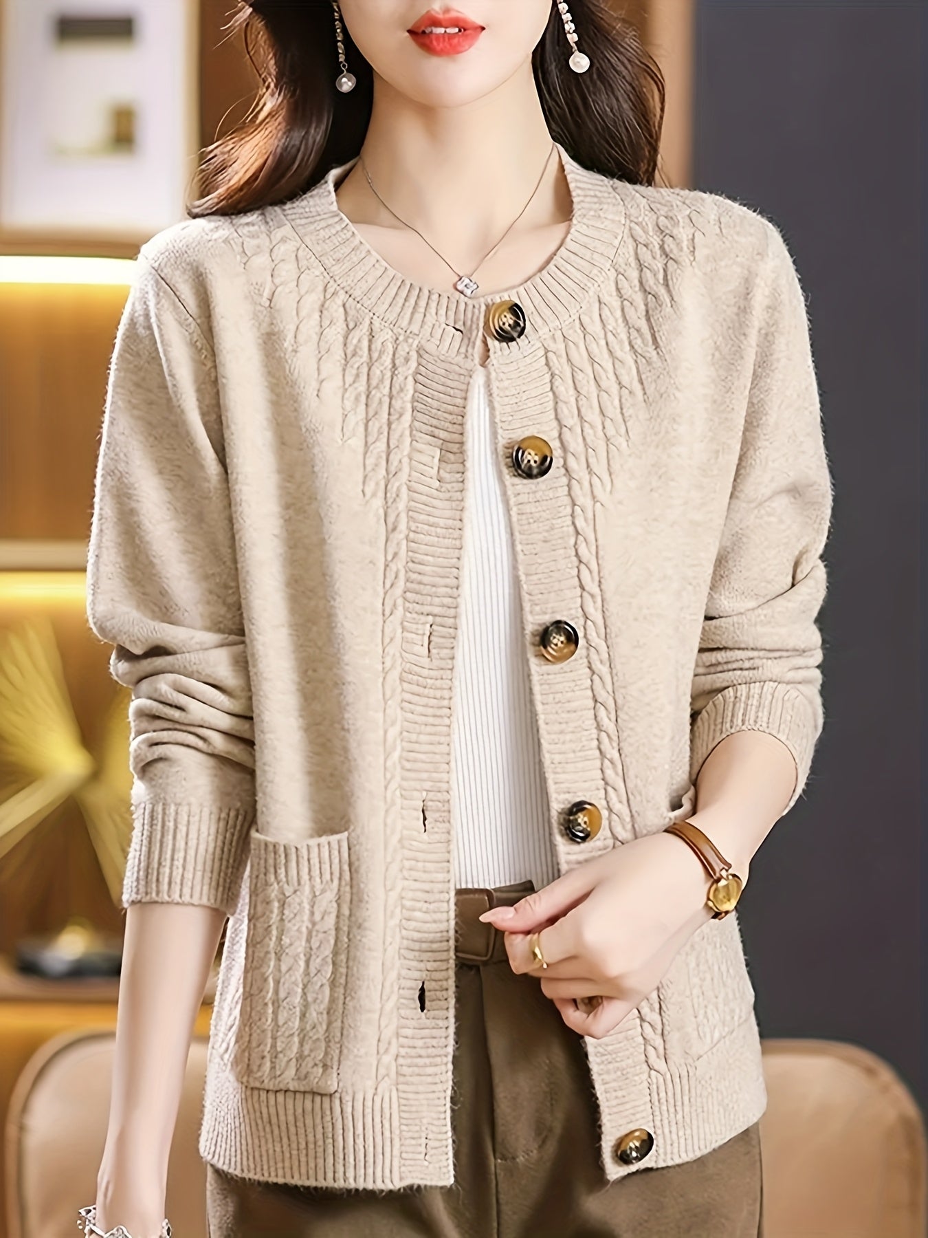 New Spring Collection for Women: a Loose-Fitting, Versatile Cardigan with a Round Neck, Solid Color, And Unique Design, Featuring Long Sleeves.