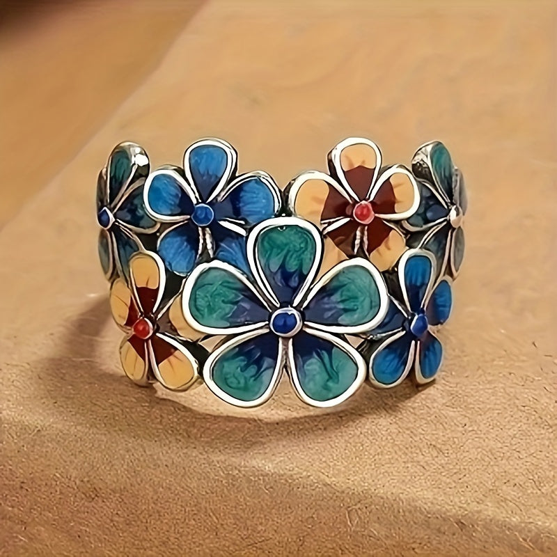Bohemian Style 925 Sterling Silvery Floral Ring, Suitable for Women, Vintage Ethnic Handmade Jewelry, Suitable for Daily Wear, Four Seasons Applicable