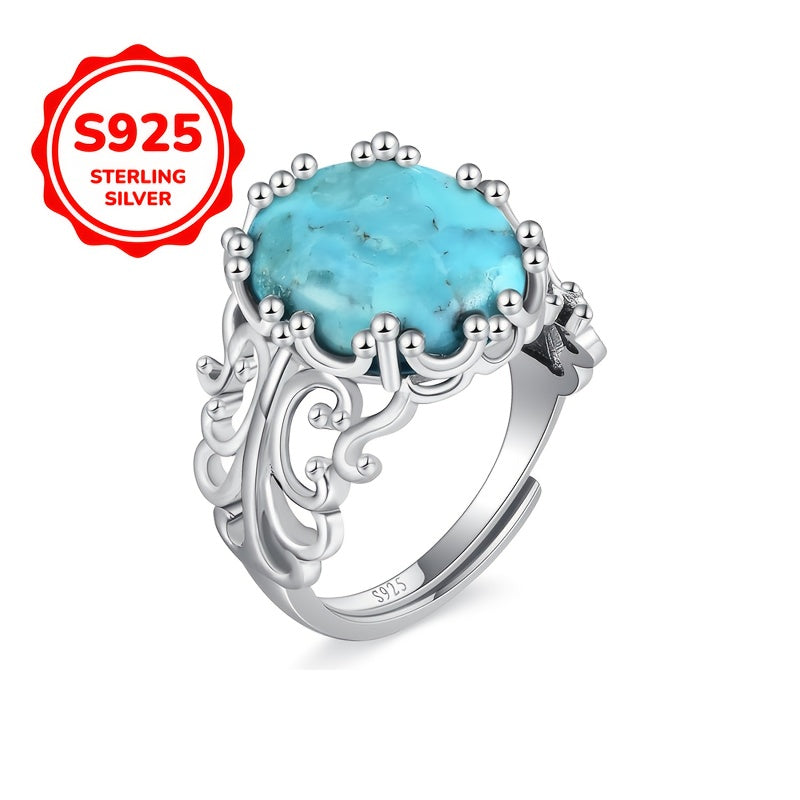 A Stylish S925 Silver Ring for Women Featuring Floral Designs And Turquoise, Adjustable And Open-Ended, Perfect As a Jewelry Gift for Mother'S Day, with a Low Allergy Risk And a Weight of 3.3G.