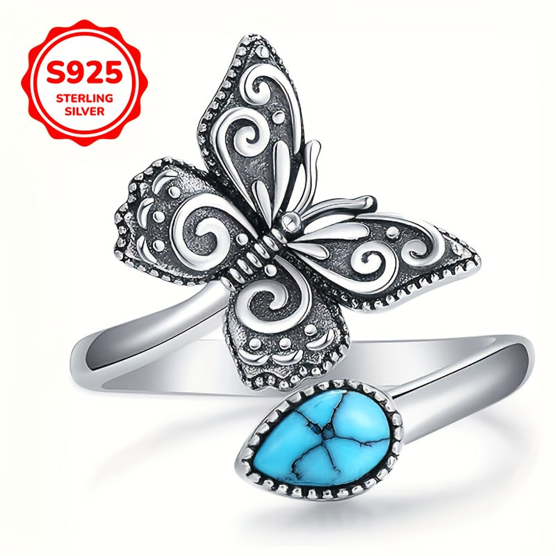 925 Sterling Silver Vintage Carved Butterfly Faux Turquoise Open Ring, Adjustable Spoon Band Jewelry Gift For Men & Women, Hypoallergenic, 0.09oz