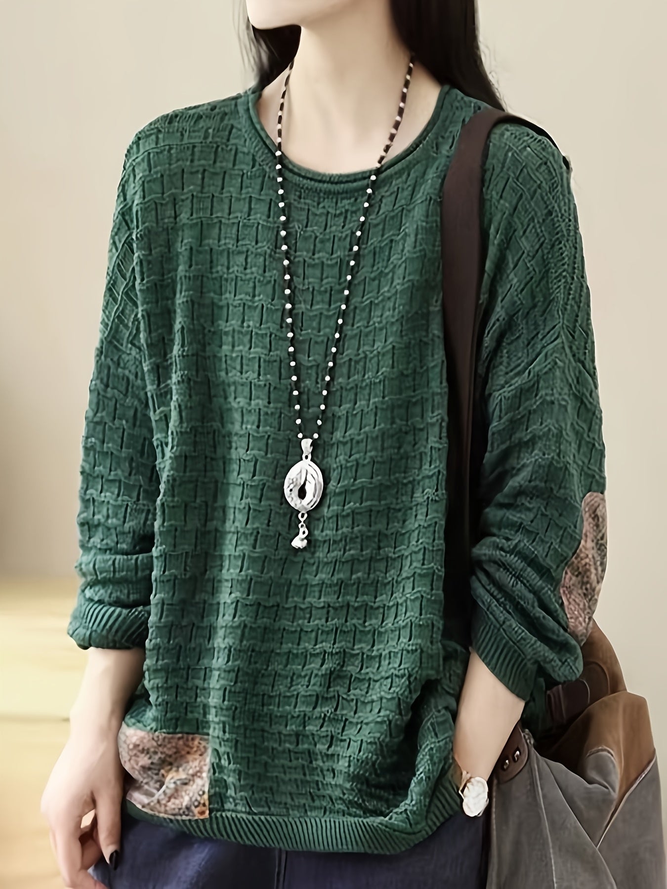 Vintage Patchwork Sweater Women's Fashion Lazy Style Loose Casual Pullover Long Sleeve Top