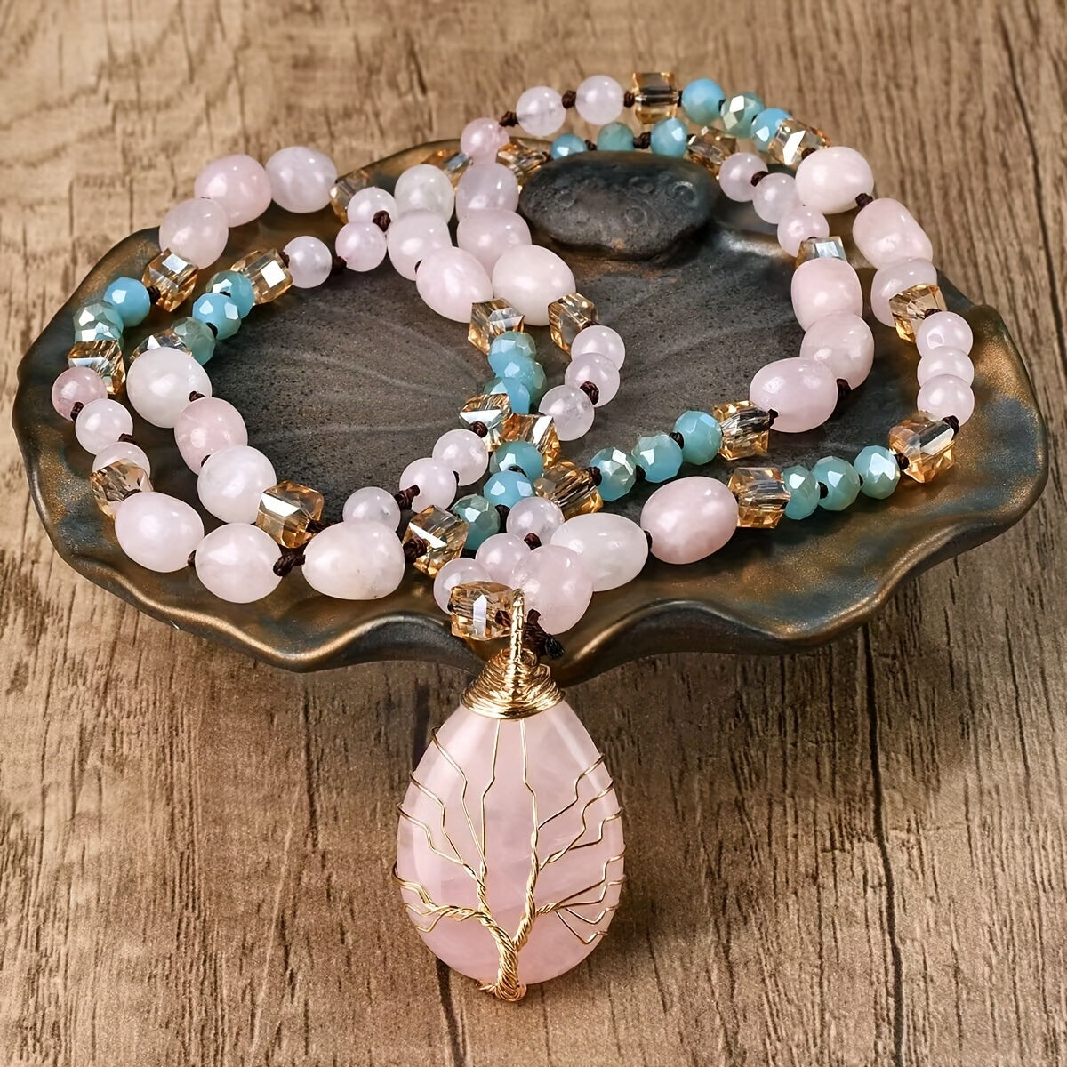 A Long Necklace Made of Natural Pink Crystal with a Teardrop Pendant, Featuring a Bohemian Vintage Style, Perfect for Everyday Wear, Vacations, And As a Gift for Friends Or Loved Ones. It'S a Crystal.