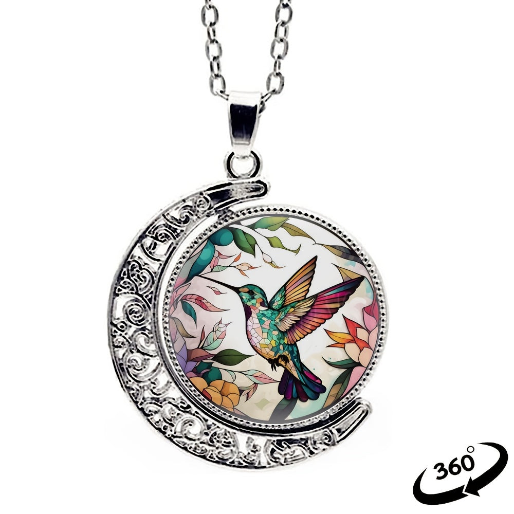 Elegant Fashion Colorful Hummingbird Crescent Half Moon 360° Rotation Round Crystal Pendant Necklace Creative Men Women Jewelry Gifts