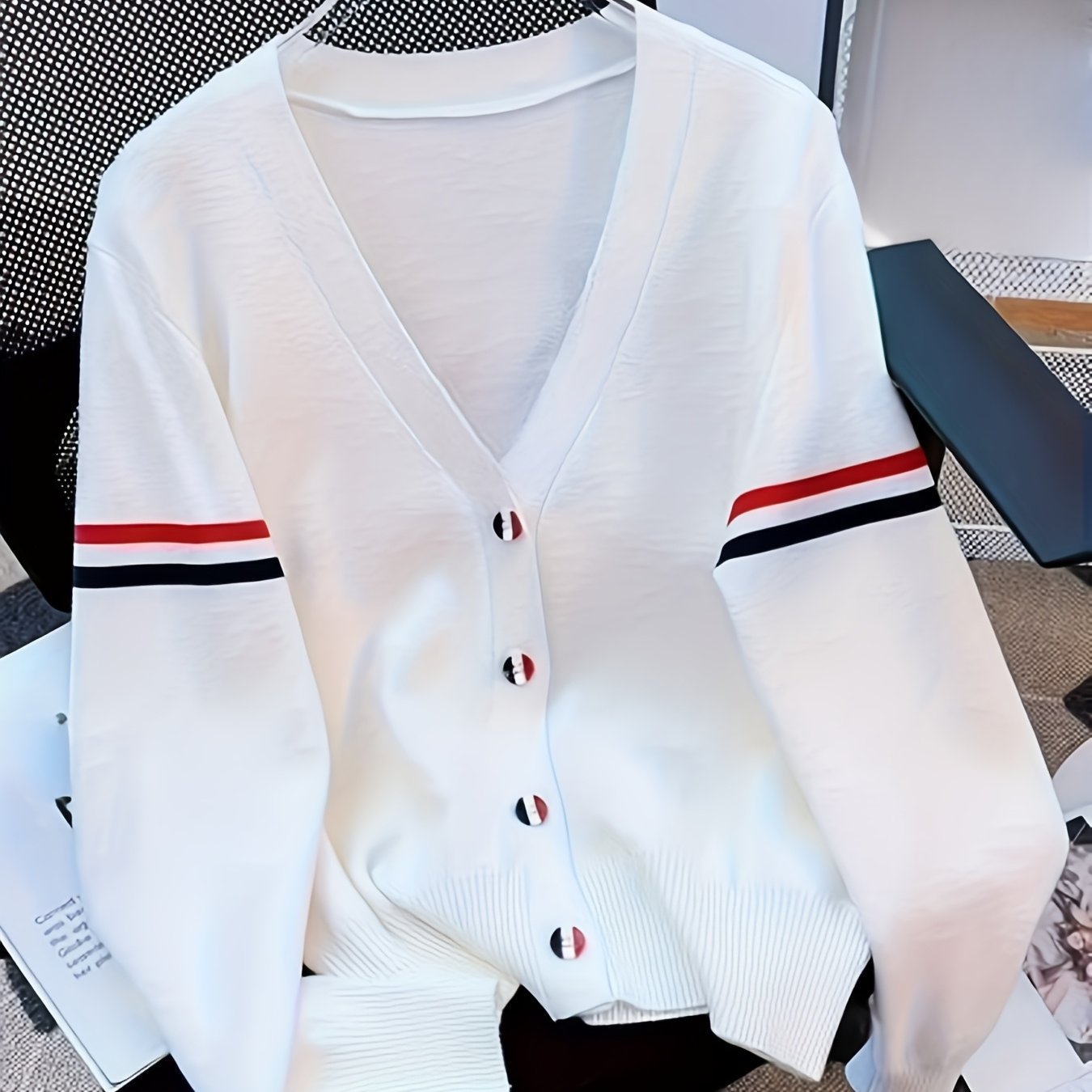 Women's Ice Silky Fiber V-Neck Cardigan - White with Red & Blue Striped Cuffs, Lightweight Long Sleeve Button-Front Spring\u002FFall Layering, Machine Washable Office to Casual Chic