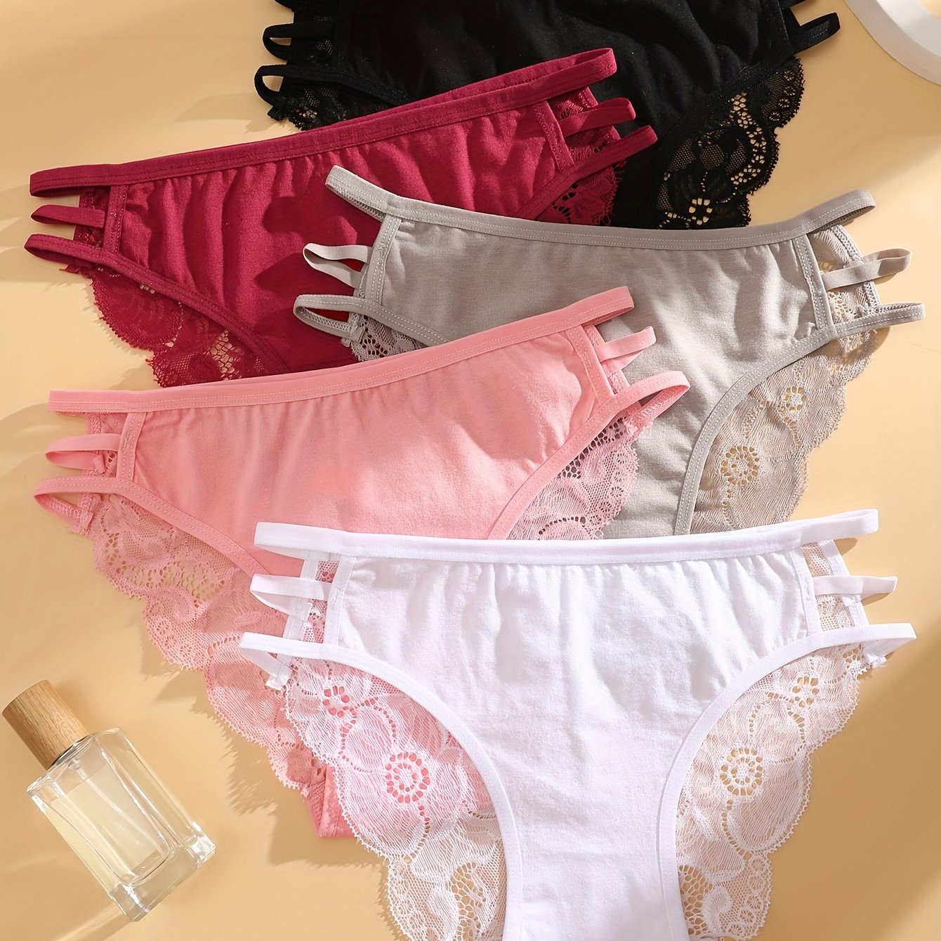 5pcs Women'S Solid Color Lace Trim Fashion Hollow Triangle Briefs, Polyester, Sexy, Knit Fabric, 180g\u002Fm², with Contrast Lace for Women