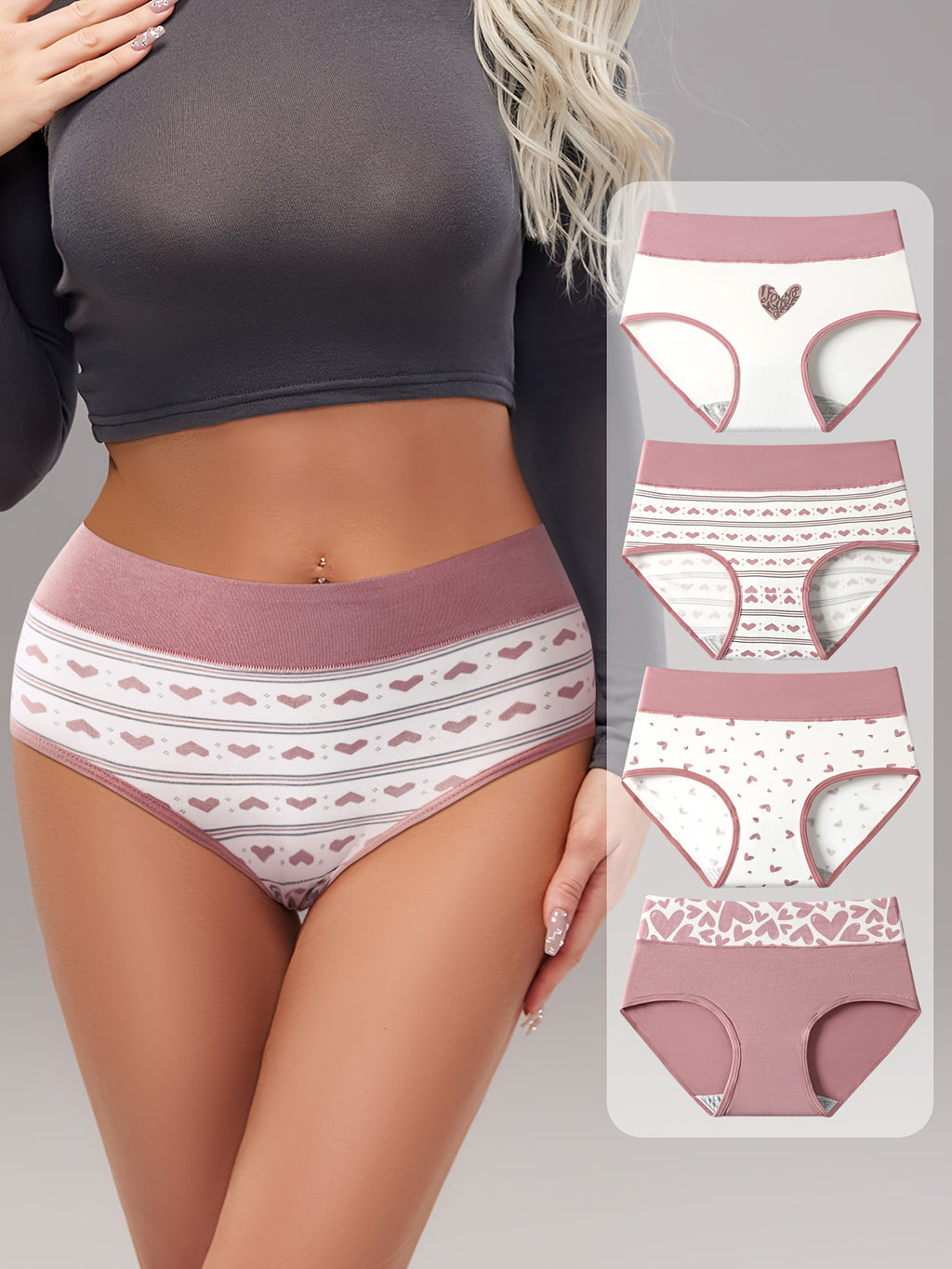 4pcs Women'S Briefs with Heart Print - High Waist, Soft & Breathable, Elastic Waistband, Comfortable Underwear for Autumn and Winter, Autumn Underwear | Heart Print Briefs | Comfortable Fit