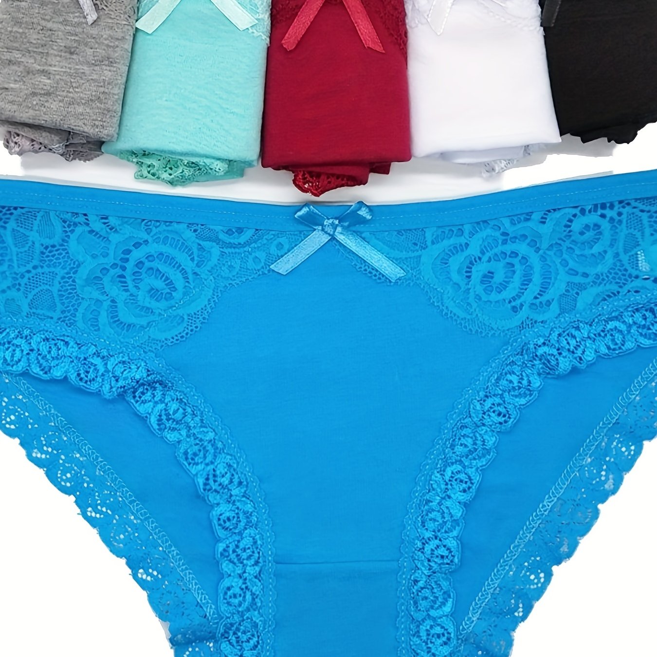 6pcs Women's Lace Panties - Sexy Low-Rise, Breathable, Comfort Fit with Elegant Contrast Lace Detailing in Assorted Colors (Teal, Red, White, Black, Gray, Blue), Cute Panties
