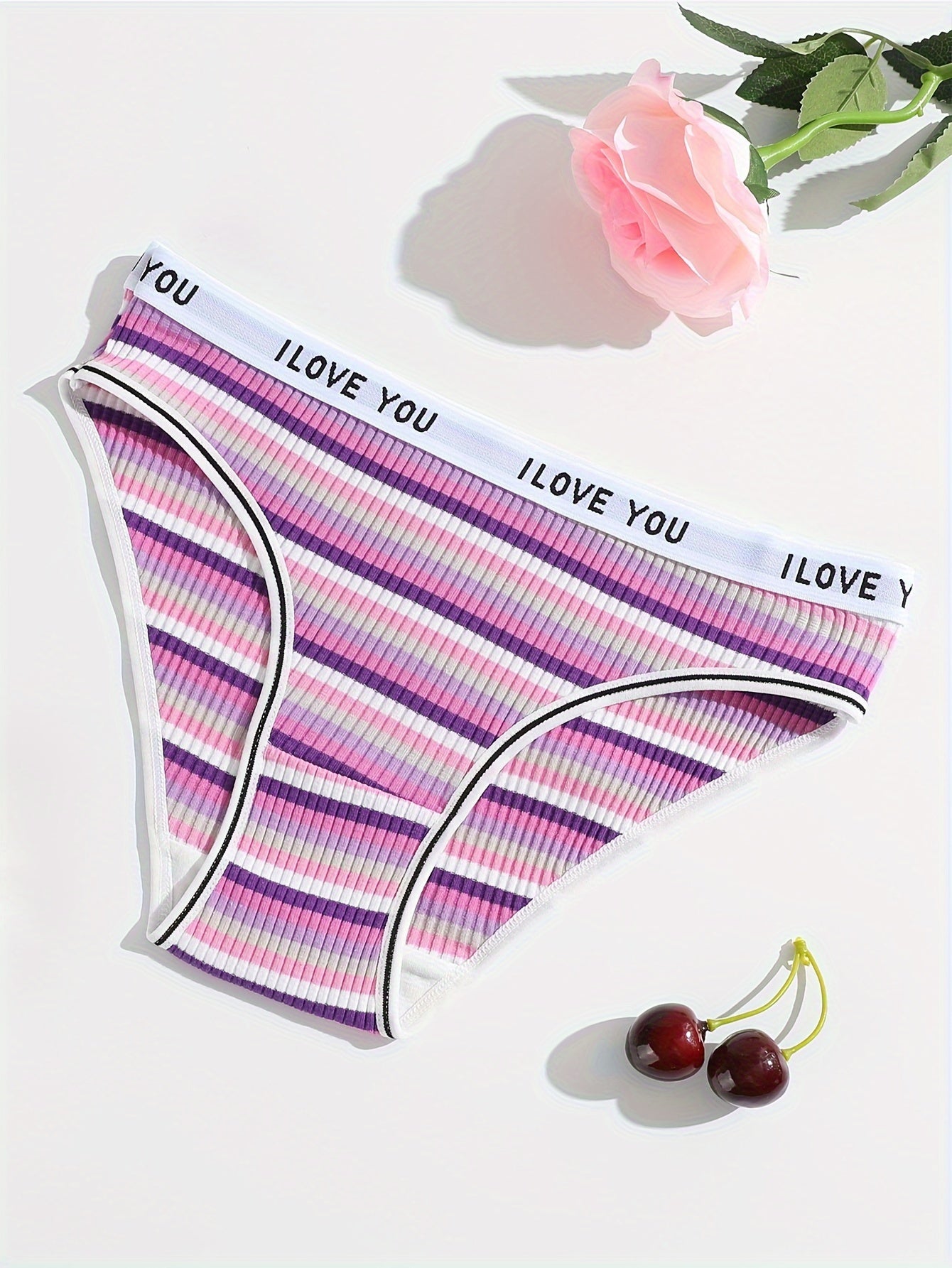 10-Pack Women's Cotton Briefs - Elastic Rainbow Stripe Pattern, Comfortable Ribbed Waistband, Simple Style Knit Fabric Underwear
