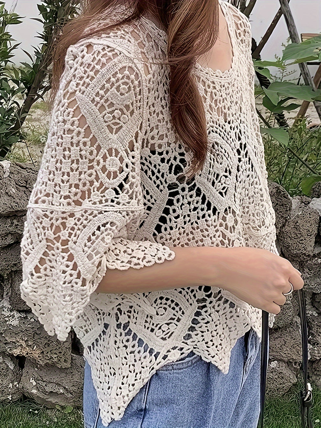 Elegant Crochet Hollow-Out Knit Top - Breathable Cotton Blend, Semi-Sheer, Round Neck - Perfect for Spring & Summer