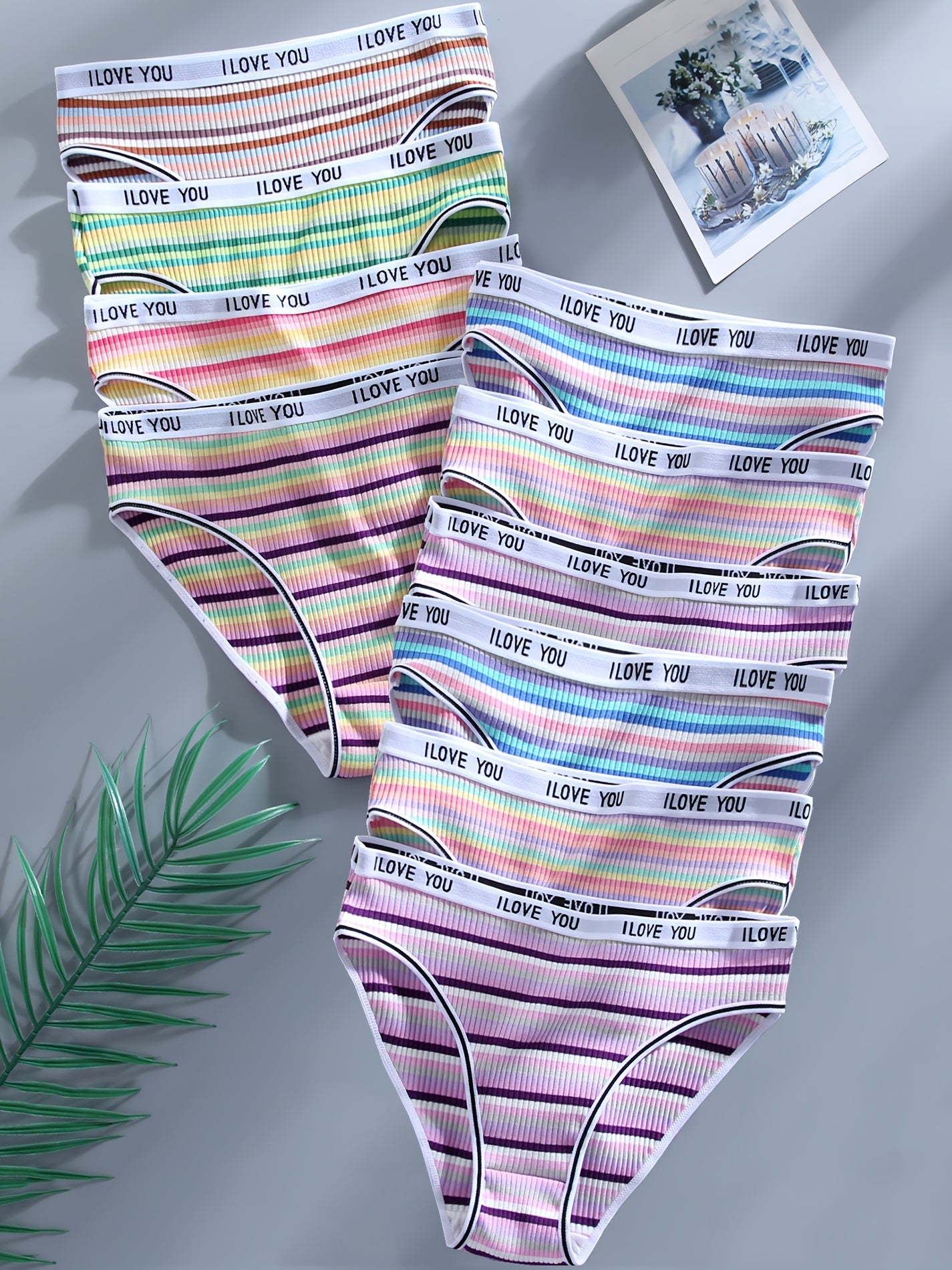 10pcs Women's Colorful Striped Low-Rise Briefs - Breathable Blend with Elastic Waistband, \