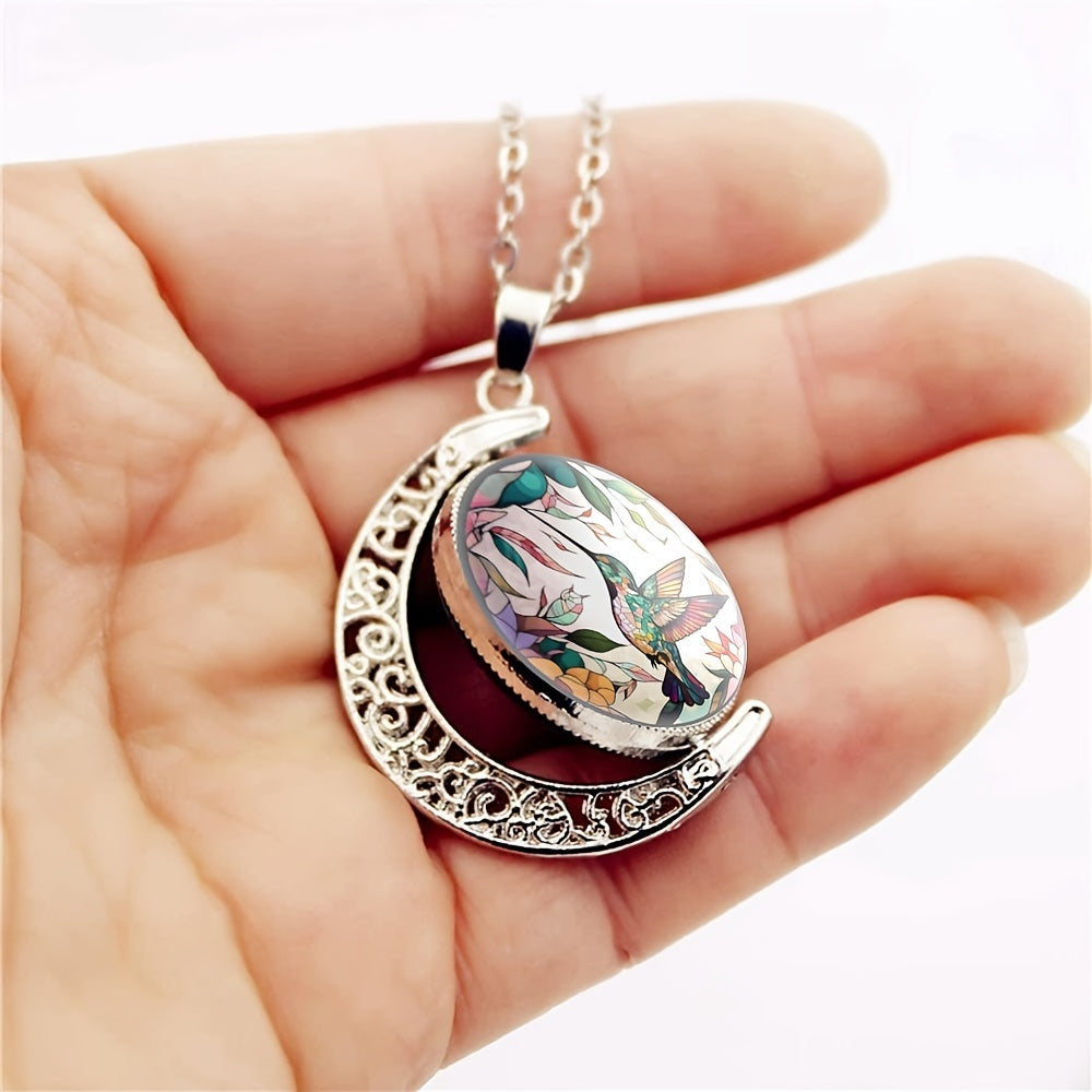 Elegant Fashion Colorful Hummingbird Crescent Half Moon 360° Rotation Round Crystal Pendant Necklace Creative Men Women Jewelry Gifts