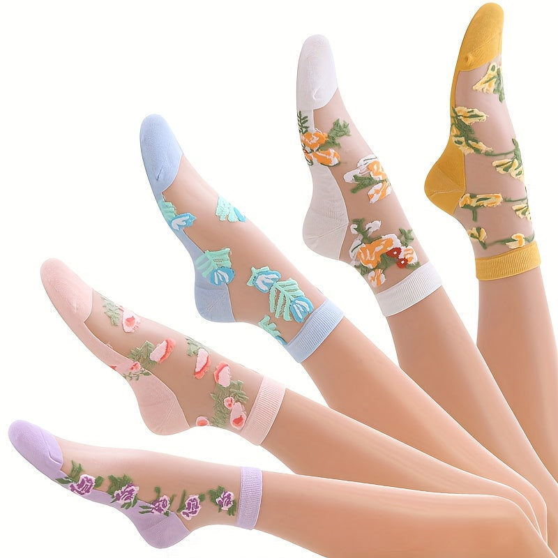 5 Pairs Floral Lace Mesh Socks, Lightweight & Breathable Mid Tube Socks, Women's Stockings & Hosiery