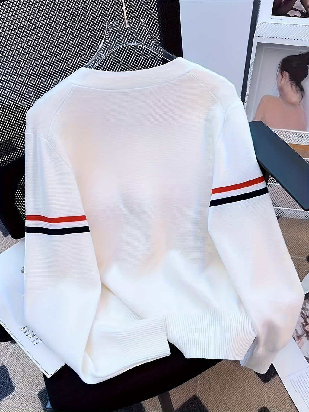 Women's Ice Silky Fiber V-Neck Cardigan - White with Red & Blue Striped Cuffs, Lightweight Long Sleeve Button-Front Spring\u002FFall Layering, Machine Washable Office to Casual Chic