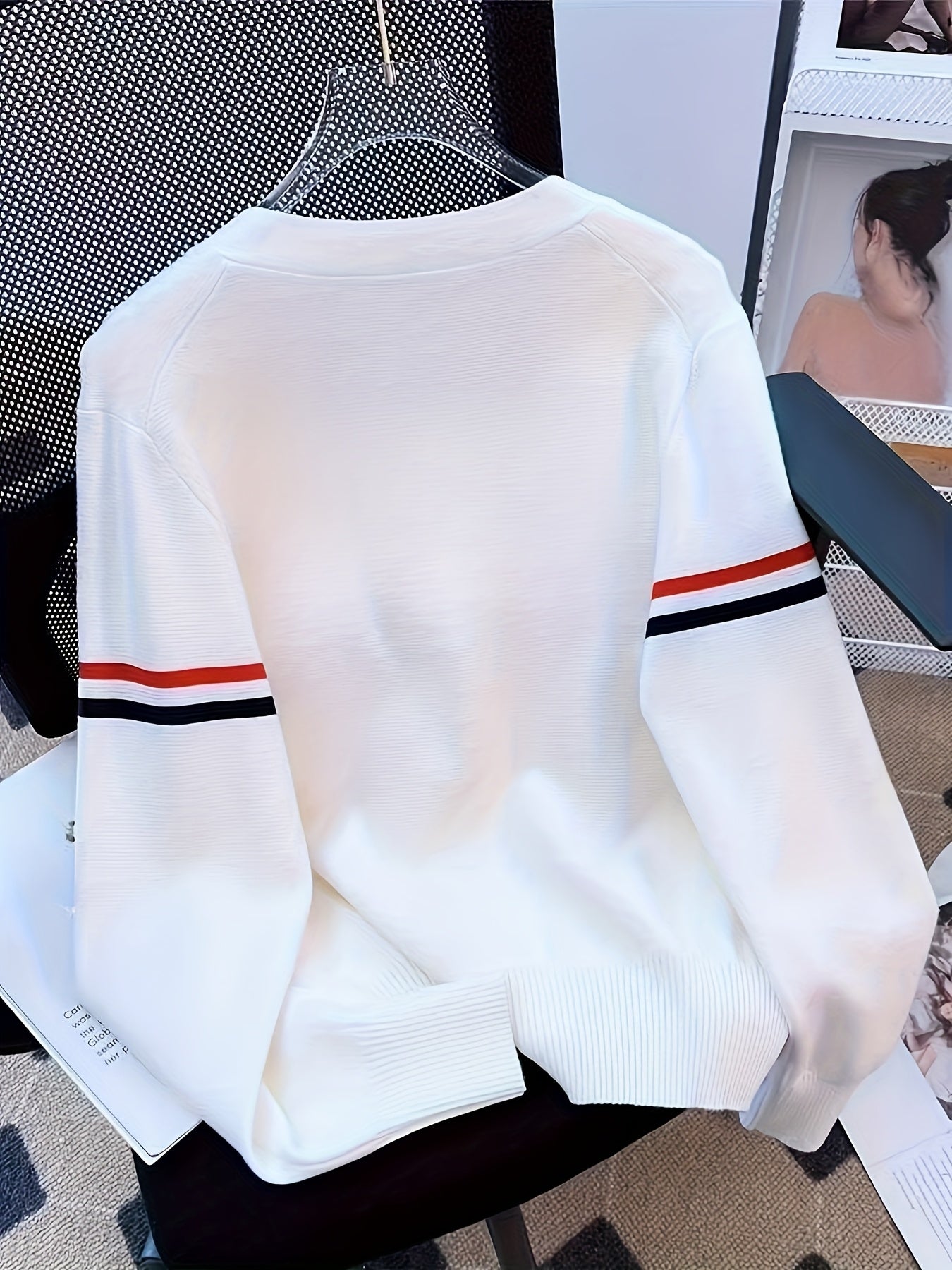Women's Ice Silky Fiber V-Neck Cardigan - White with Red & Blue Striped Cuffs, Lightweight Long Sleeve Button-Front Spring\u002FFall Layering, Machine Washable Office to Casual Chic
