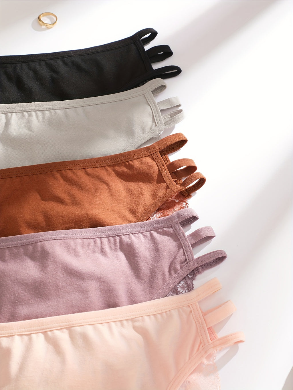 5pcs Women'S Solid Color Lace Trim Fashion Hollow Triangle Briefs, Polyester, Sexy, Knit Fabric, 180g\u002Fm², with Contrast Lace for Women