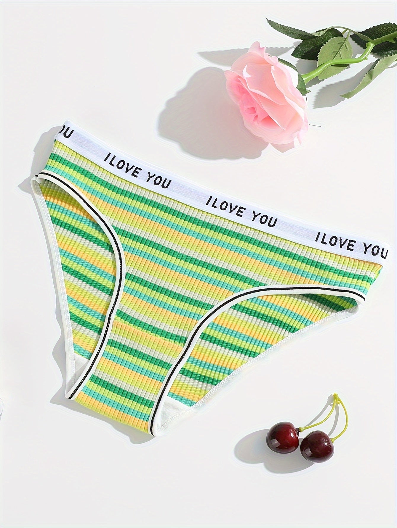 10-Pack Women's Cotton Briefs - Elastic Rainbow Stripe Pattern, Comfortable Ribbed Waistband, Simple Style Knit Fabric Underwear