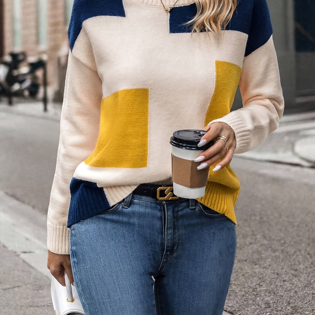 Women's Color Block Round Neck Pullover Sweater - Navy Blue & Mustard Yellow Drop Shoulder Long Sleeve Top, Machine Washable Spring\u002FFall Casual Elegant Sweater, Cute Sweaters, Spring Fall Apparel, Comfortable Knitwear