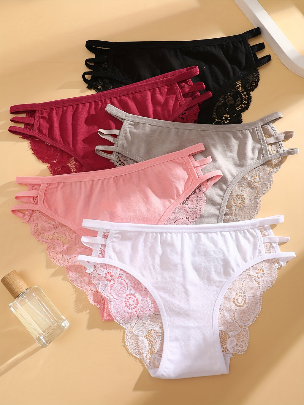 5pcs Women'S Solid Color Lace Trim Fashion Hollow Triangle Briefs, Polyester, Sexy, Knit Fabric, 180g\u002Fm², with Contrast Lace for Women