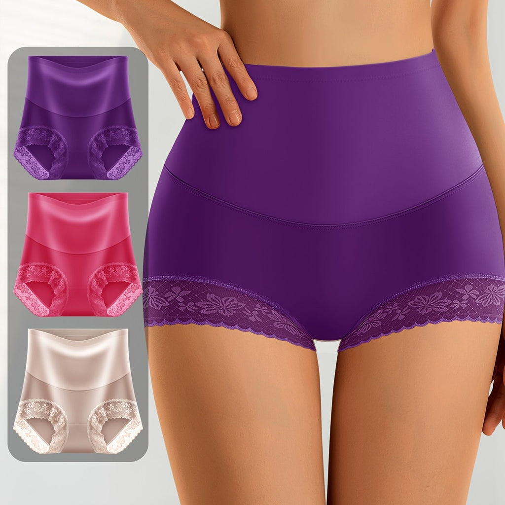 3pcs Women's High-Waist Tummy Control Light Beige Lace Underwear Set