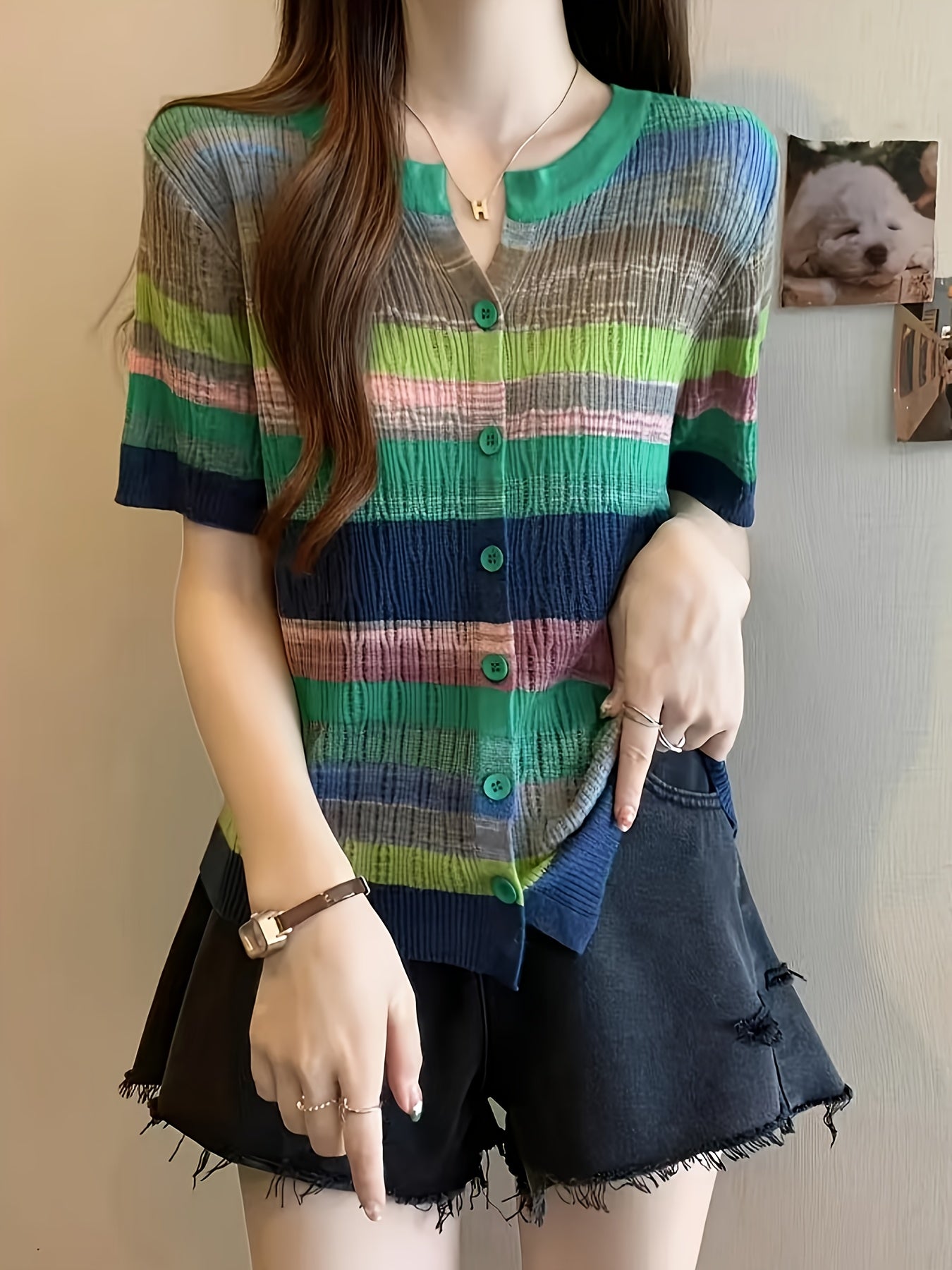 Women's Elegant Rainbow Striped Short Sleeve Cardigan - Breathable Top with Color-Blocking Design, Machine Washable Spring Casual Shirt for Layering, Seasonal Fashion, Colorblock Pattern, Quality Stitching, Buttonup Sweater, Fashion Lovers