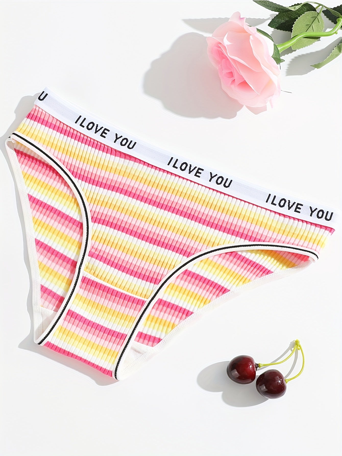10-Pack Women's Cotton Briefs - Elastic Rainbow Stripe Pattern, Comfortable Ribbed Waistband, Simple Style Knit Fabric Underwear