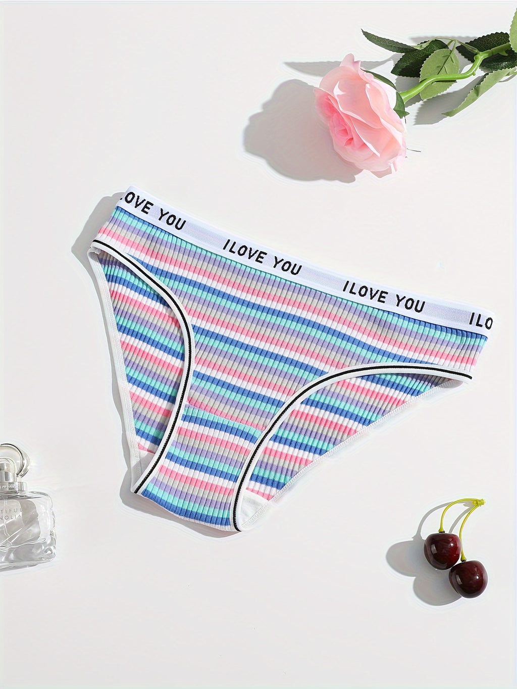 10-Pack Women's Cotton Briefs - Elastic Rainbow Stripe Pattern, Comfortable Ribbed Waistband, Simple Style Knit Fabric Underwear