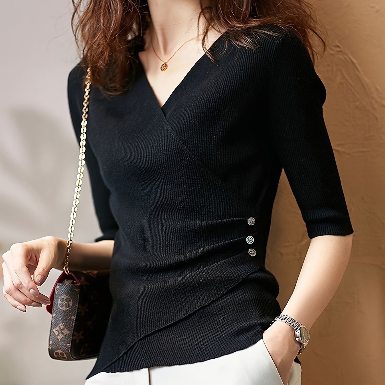 Elegant V-Neck Top for Women - Chic Half Sleeve Sweater Blouse with Fake Buttons, Ribbed Texture, Perfect for Spring\u002FSummer Casual Wear, Elegant Attire | Stylish Ribbed | Construction