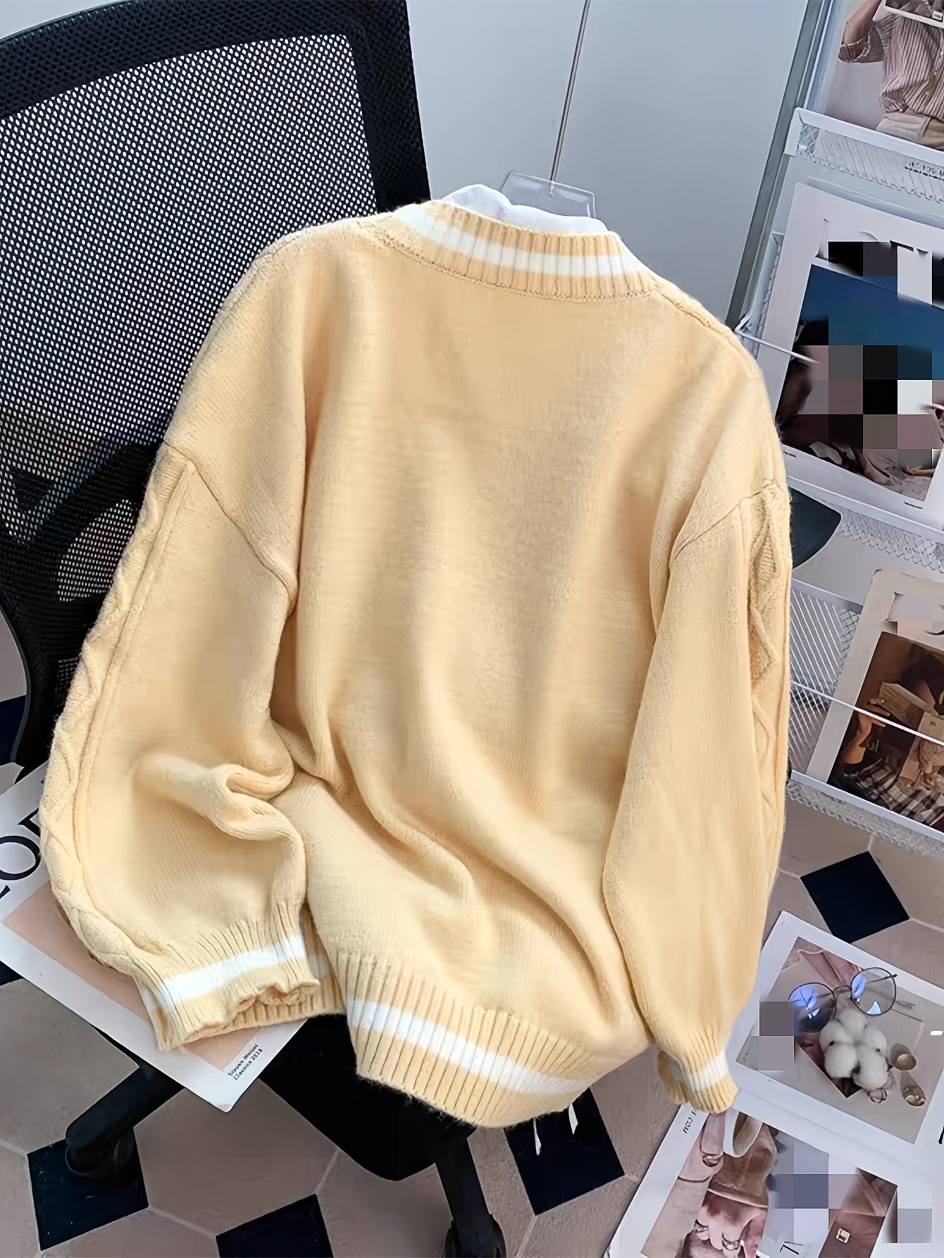 Women'S V-Neck Cardigan with Color Block Design, Acrylic Blend Knit Sweater, with Button Details and Drawstring for All Seasons