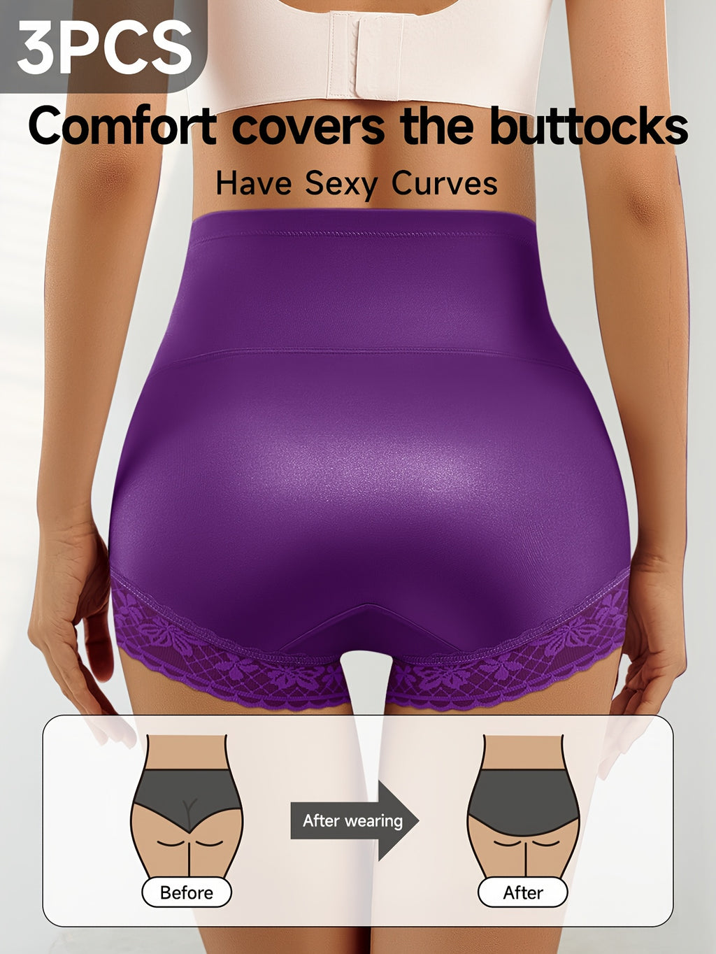 3pcs Women's High-Waist Tummy Control Light Beige Lace Underwear Set