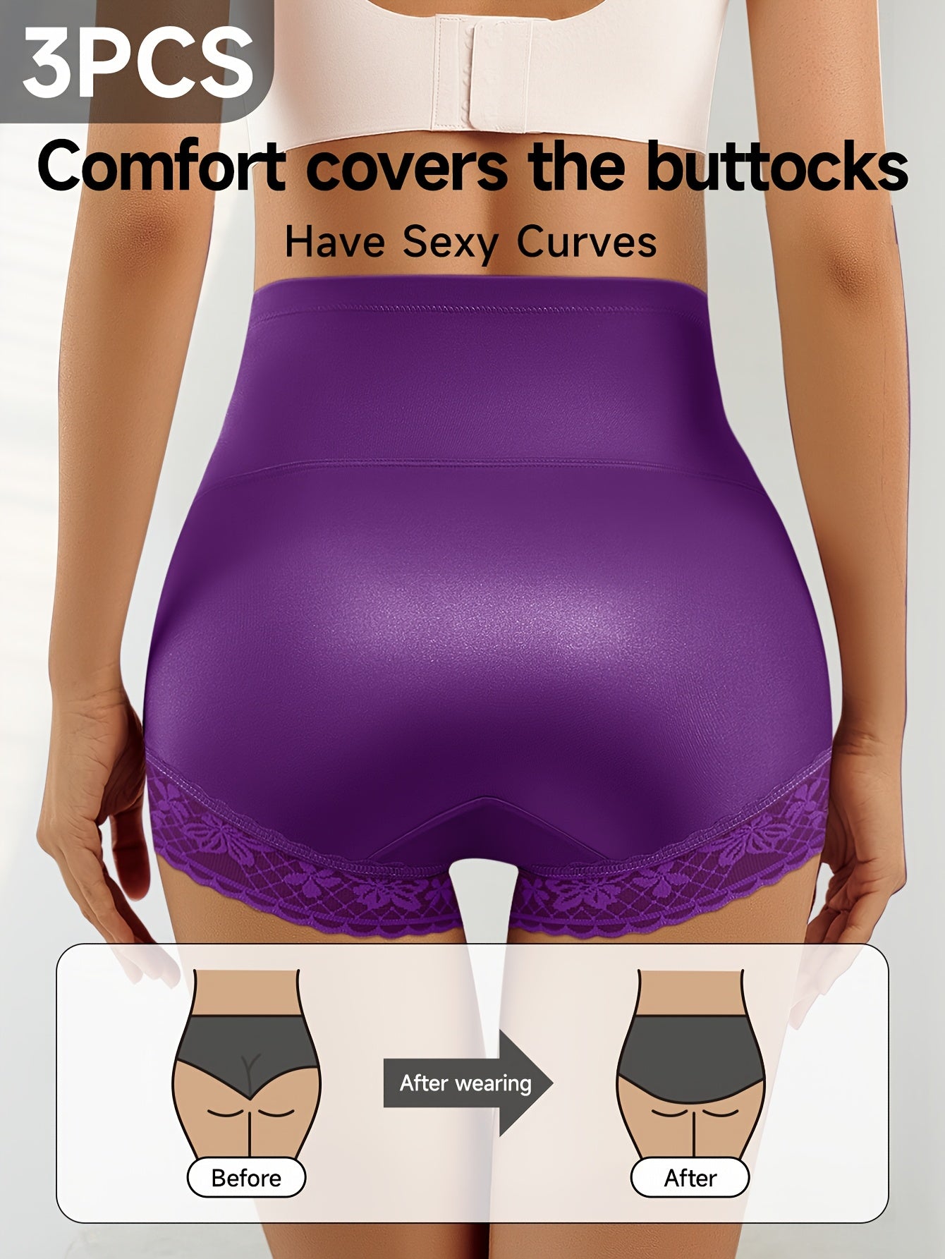 3pcs Women's High-Waist Tummy Control Light Beige Lace Underwear Set