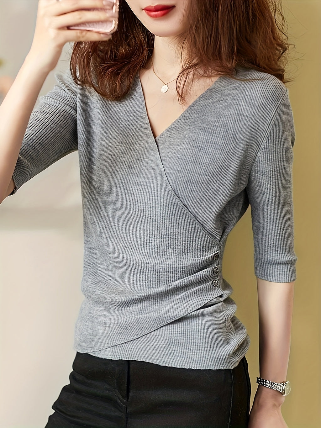 Elegant V-Neck Top for Women - Chic Half Sleeve Sweater Blouse with Fake Buttons, Ribbed Texture, Perfect for Spring\u002FSummer Casual Wear, Elegant Attire | Stylish Ribbed | Construction