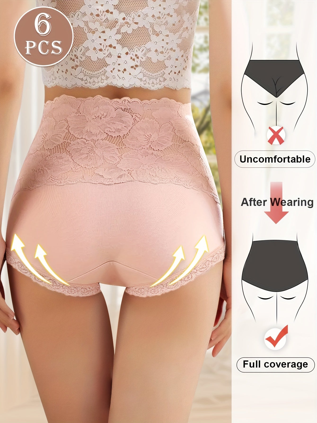 6pcs MEIYATING Women's High-Waisted Tummy Control Briefs with Lace Trim & Floral Jacquard - Soft Stretchy Underwear for Everyday Comfort, 6 Colors (Black, Light Grey, Beige, Green, Pink, White), Tummy Control Shapewear