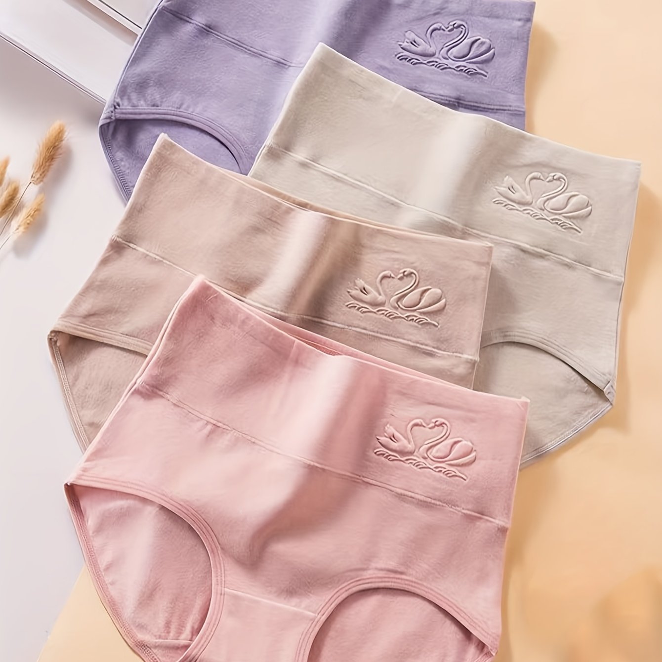 4pcs Seamless High-Rise Panties Set - Soft, Breathable, Elastic, Butterfly & Bow Design, Light Pink, Beige, Lavender, Comfortable & Flattering Underwear for Women, Comfortable Underwear | Minimalist Design | Smooth Texture