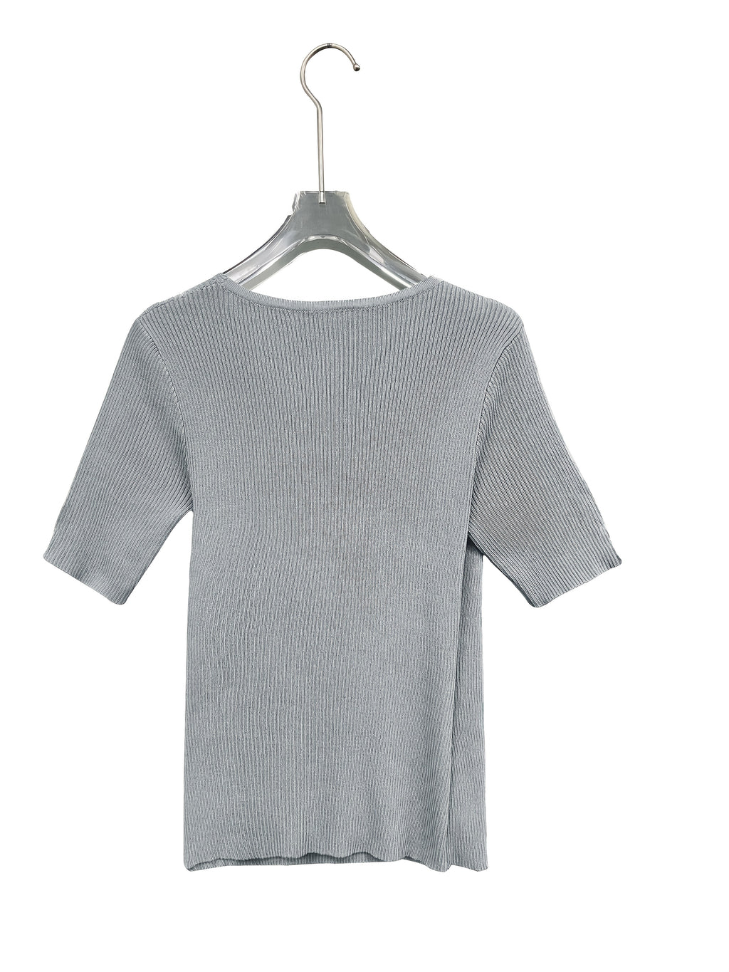 Elegant V-Neck Top for Women - Chic Half Sleeve Sweater Blouse with Fake Buttons, Ribbed Texture, Perfect for Spring\u002FSummer Casual Wear, Elegant Attire | Stylish Ribbed | Construction